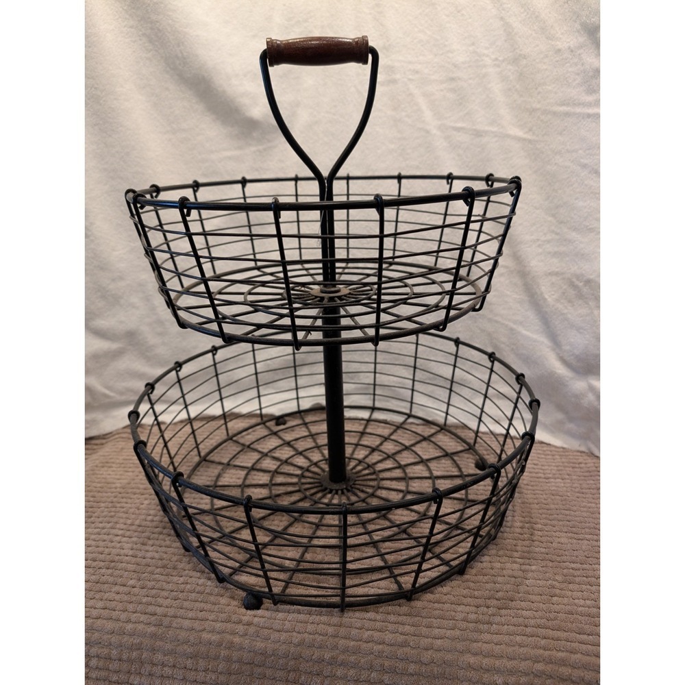 Wire Basket Tray Larger 2 Tier Round Black Fruit Toy Kitchen Bathroom Decor